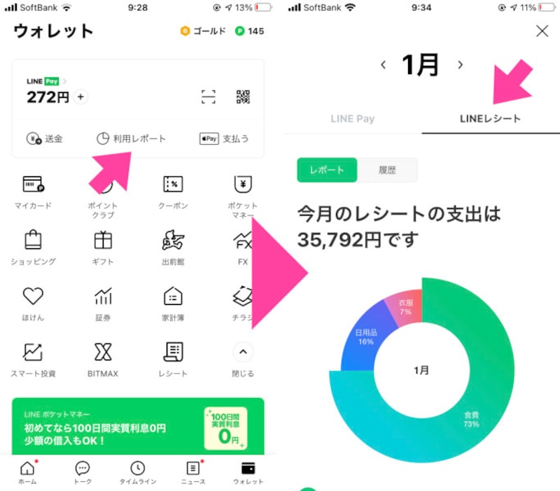 「ウォレット」の「利用レポート」を選択し、「LINEレシート」タブをタップすると、登録したレシートの内訳が表示される