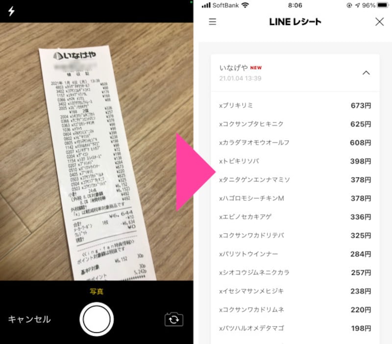 食材などの買い物の長いレシートも、数秒で品目などを読み取り記録できる
