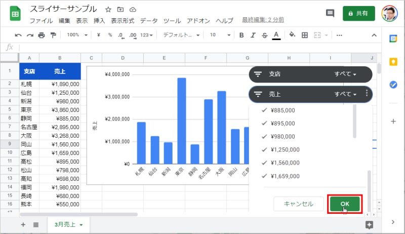 7.メニューの［OK］をクリックします。これで、条件として「100万以下」を指定したことになります。