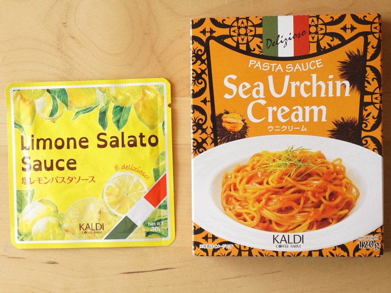 カルディコーヒーファーム「オリジナル 塩レモンパスタソース」（左）、「オリジナル パスタソース　ウニクリーム」(右）