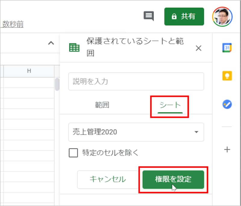 右側に設定のウィンドウが表示されたら、［シート］を選択して［権限を設定］をクリックします。