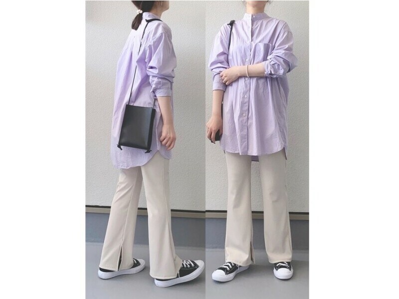 ロング丈のバンドカラーシャツは体型カバーにも◎　出典：WEAR