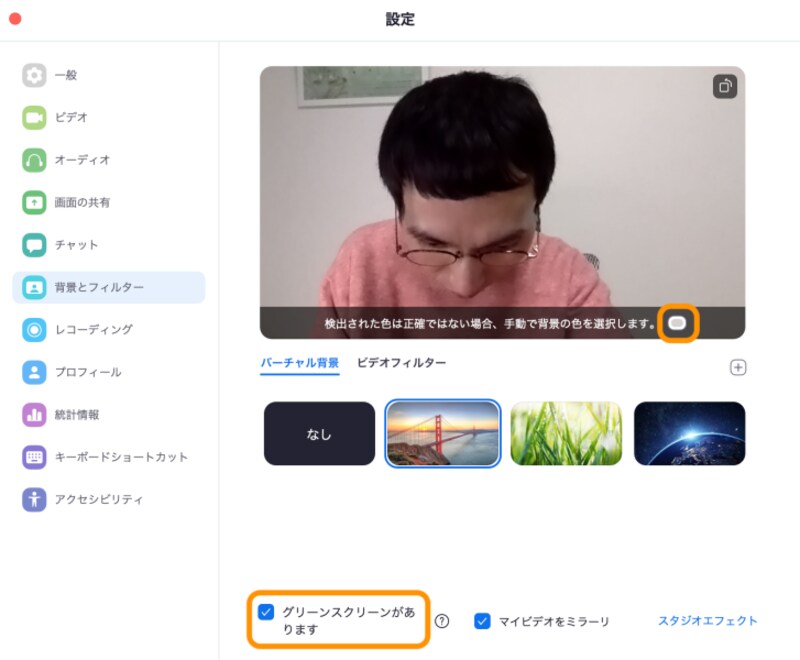 ［グリーンスクリーンがあります］にチェックを入れ、プレビュー画面右下をクリックして背景色をクリック