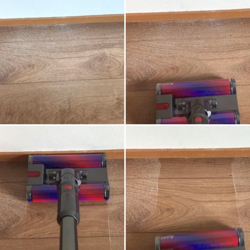 壁際に重曹を撒いて掃除をしました。いち往復で壁際もフローリングの溝もキレイです