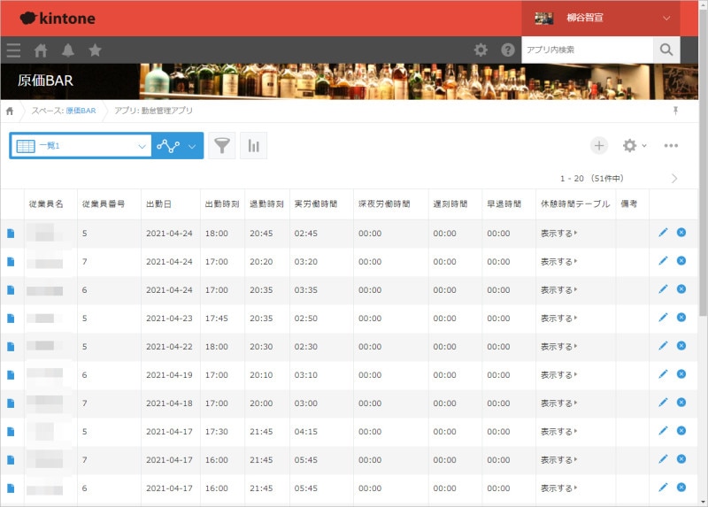 アルバイトの出退勤時刻や休憩、遅刻、早退などをkintoneで管理できます