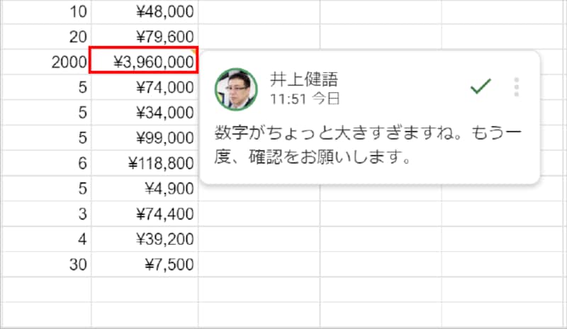 コメントの追加されたセルにマウスポインタを合わせます。コメントが表示されます。