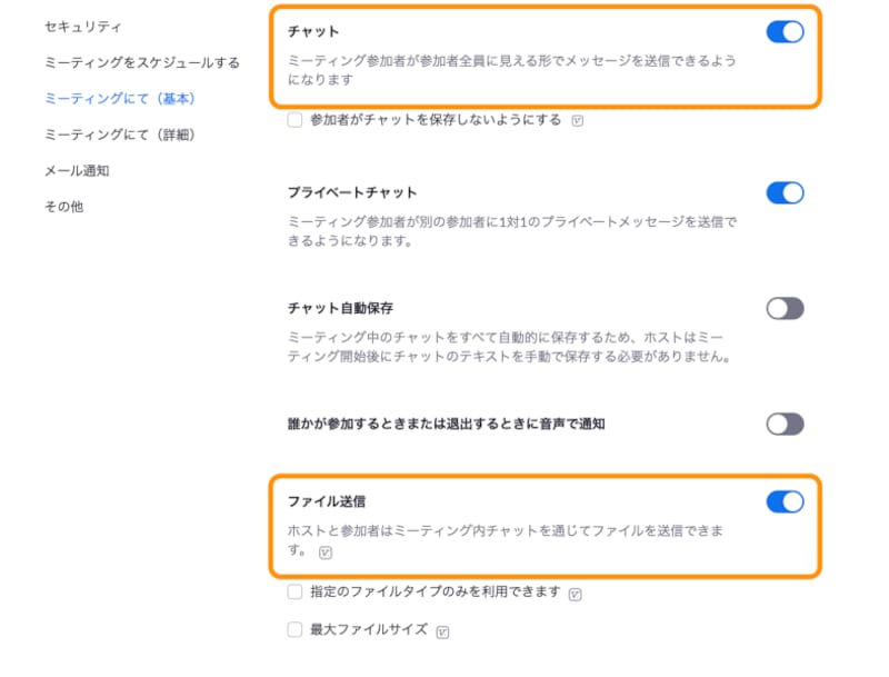 「チャット」と「ファイル送信」をオンにすること