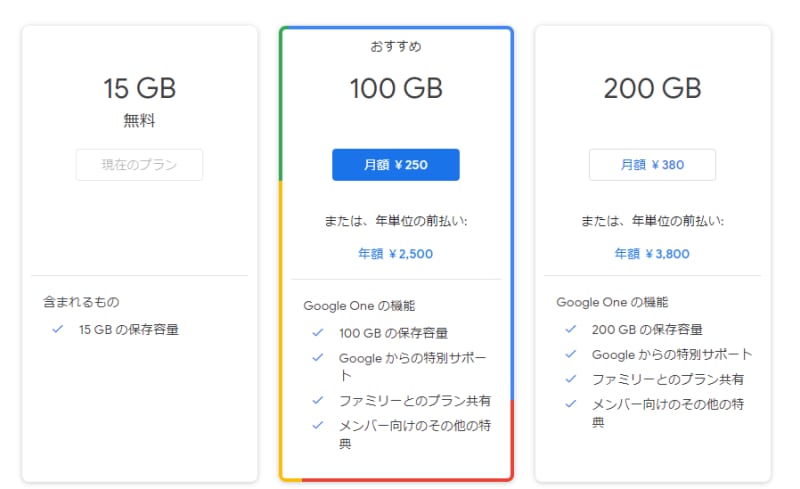 「Google One(グーグルワン)」のプラン一覧