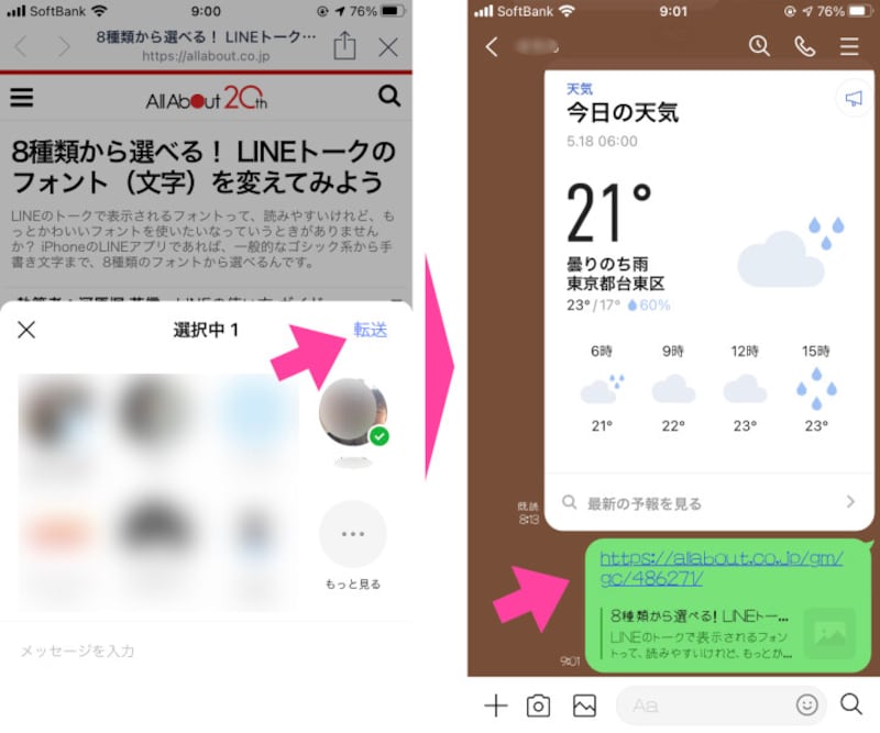 シェア先を選択したら「転送」をタップ。相手との「トーク画面」に、リンクURLが貼り付けられる。「友だち」は、リンクをタップすれば、すぐに記事が読める
