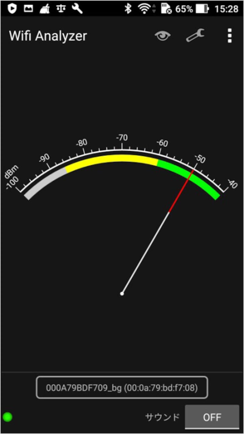 これがWifi Analyzer。下に調査対象のSSIDが表示される。dB表示なので絶対値が低いほど電波強度が強い