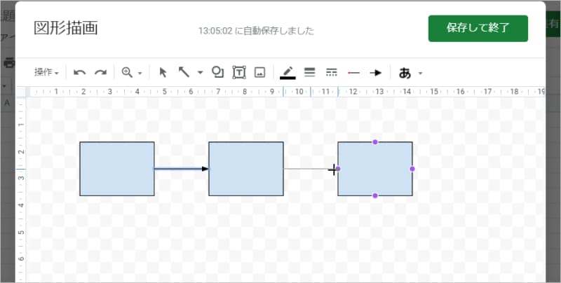 図形描画のウィンドウでは、四角形を矢印でつないでフローチャートを簡単に作成することも可能です。