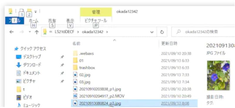 これでNASのフォルダに保存したファイルにアクセスできる。ファイルを保存する場合は、表示されたフォルダにファイルやフォルダをドラッグするだけだ