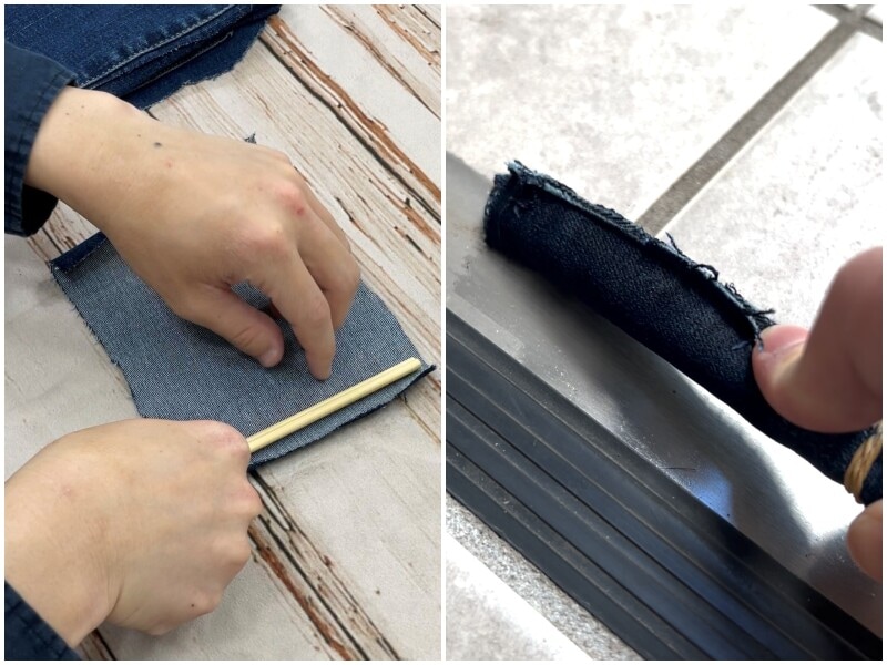 サッシの掃除。掃除中にゆるまないようにしっかり割り箸に生地を巻き付けておく。