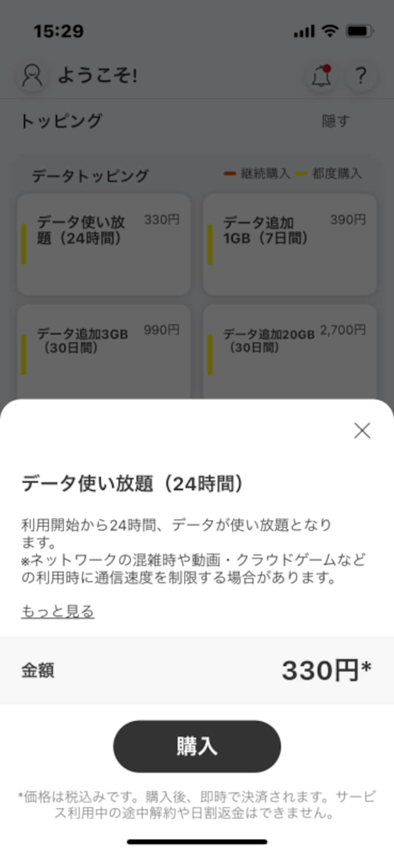 データ使い放題（24時間）を選択して「購入」