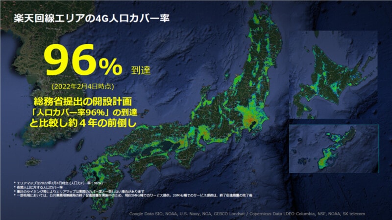 楽天モバイルの2021年度通期決算資料より。4Gのエリアは2022年2月に人口カバー率96%を達成したが、99.9%超を達成している大手3社と比べるとまだ狭い
