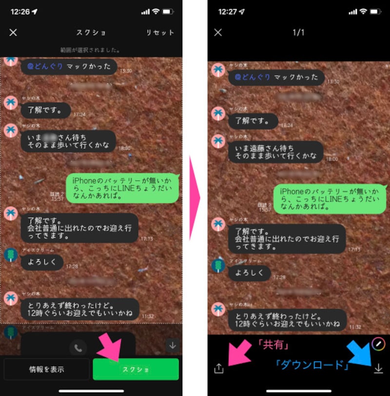 「スクショ」をタップ。「共有」するか、「ダウンロード」するかを選択する。