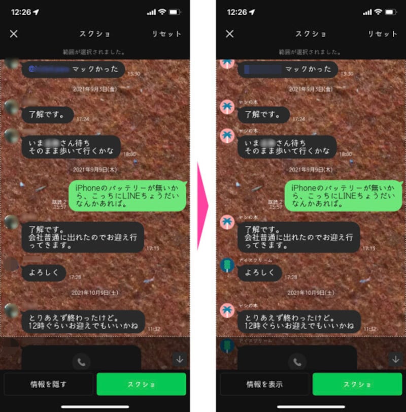 「情報を隠す」を押す。「アイコン画像」や「表示名」のほか、「メンション」した時の相手のアカウント名もダミーの名前へ変更される