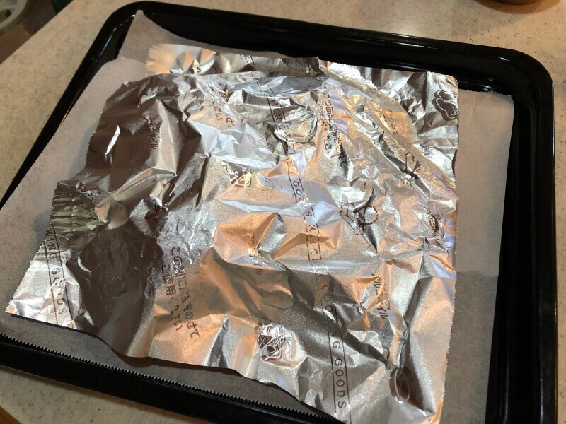 アルミホイルをかけてオーブンレンジで加熱