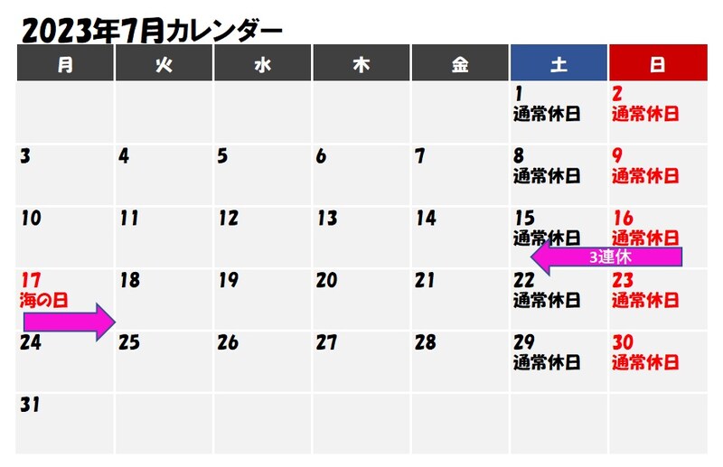 お盆休み 2023年【2023年7月カレンダー】７月の祝日は17日（月・祝）「海の日」。3連休に絡めて夏休みをとる方法も