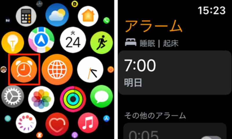 たとえば、アラーム機能のアイコンをタップ（左）すると、アラームの設定ができる画面が起動する