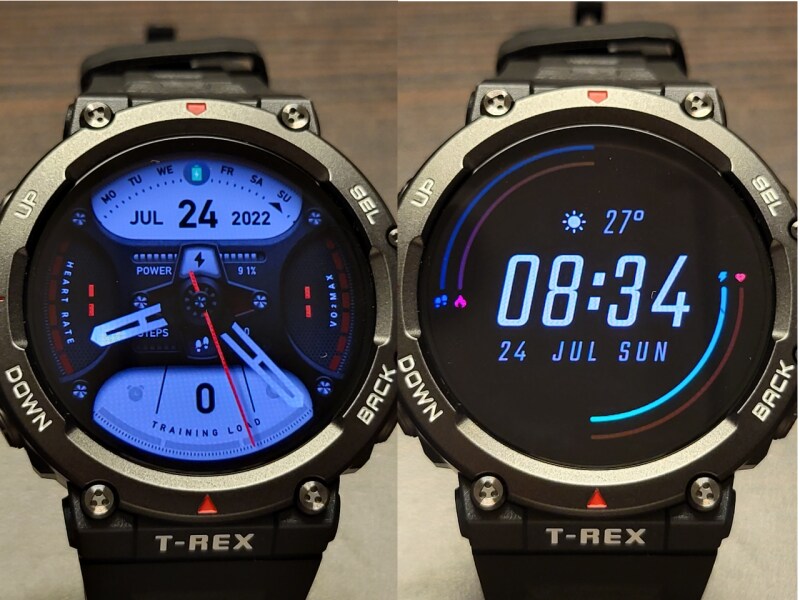 Amazfit T-Rex 2の常時点灯例。左が通常点灯時、右が常時点灯モード。常時点灯モードでは違うデザインの常時点灯用のウォッチフェイスが選択可能。