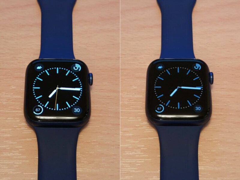 Apple Watchの常時点灯例（Apple Watch Series 6）。左が通常点灯時、右が常時点灯モード