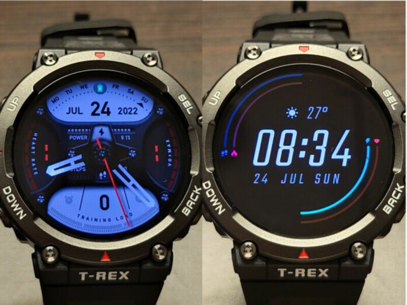 Amazfit T-Rex 2の常時点灯例。左が通常点灯時、右が常時点灯モード。常時点灯モードでは違うデザインの常時点灯用のウォッチフェイスが選択可能