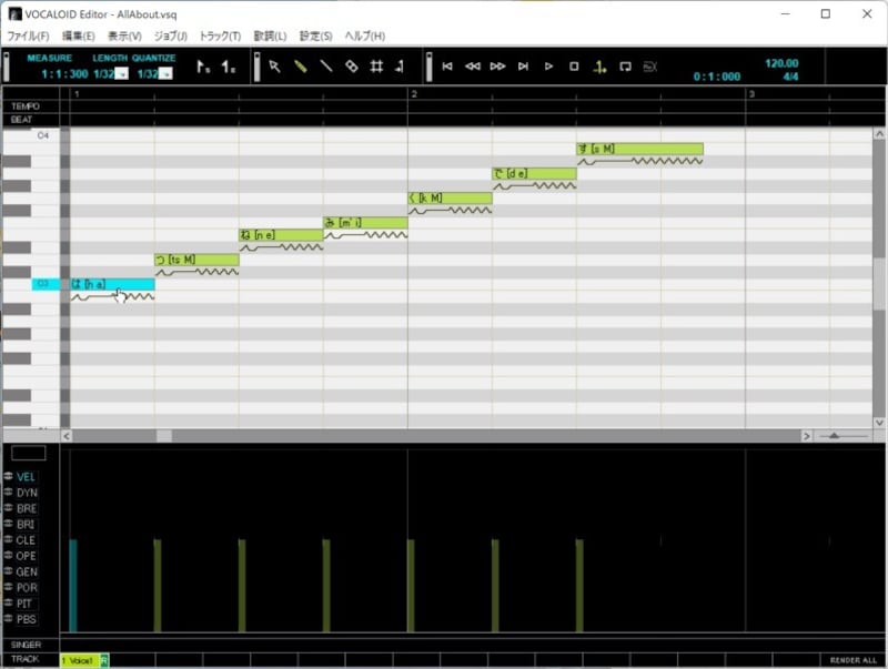 VOCALOID 2の編集画面。音符と歌詞を入力すると歌わせることができた