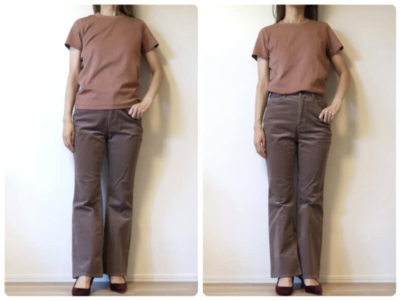 【左】ブラウンはワントーンでまとめると旬のムードに【右】さらにウエストインできるとスタイルアップ効果も