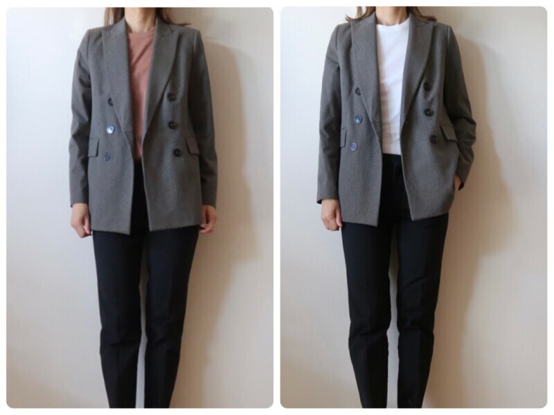 【右】のシンプルな白インナーもOKですが【左】のようにブラウンを取り入れると季節感もアップします