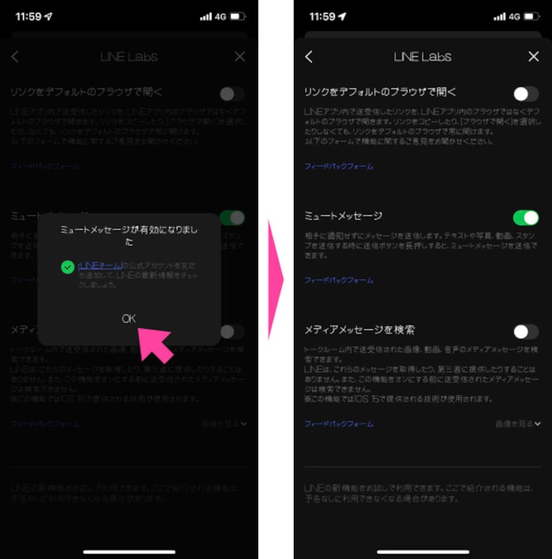 「ミュートメッセージ」のスライドバーが緑色になったら準備完了