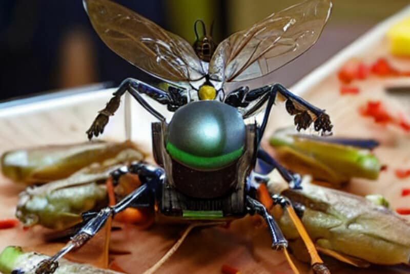 「an insect robot preparing a delicious meal」(おいしい食事を用意する昆虫ロボット)というテキストをもとにした画像