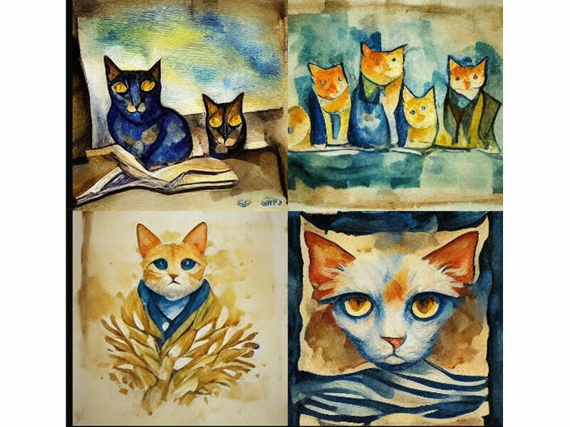 Midjourneyで「cats,watercolor painting,by Vincent van Gog」(猫、水彩画、ゴッホ風)とテキストを入力して作成した画像