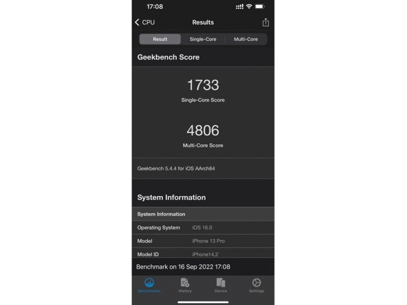 iPhone 13 Proの「GeekBench 5」のCPUベンチマークの結果