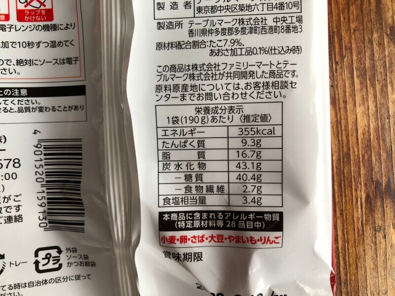 ファミリーマートの「あおさ香るふんわりたこ焼」のカロリー・栄養成分表示