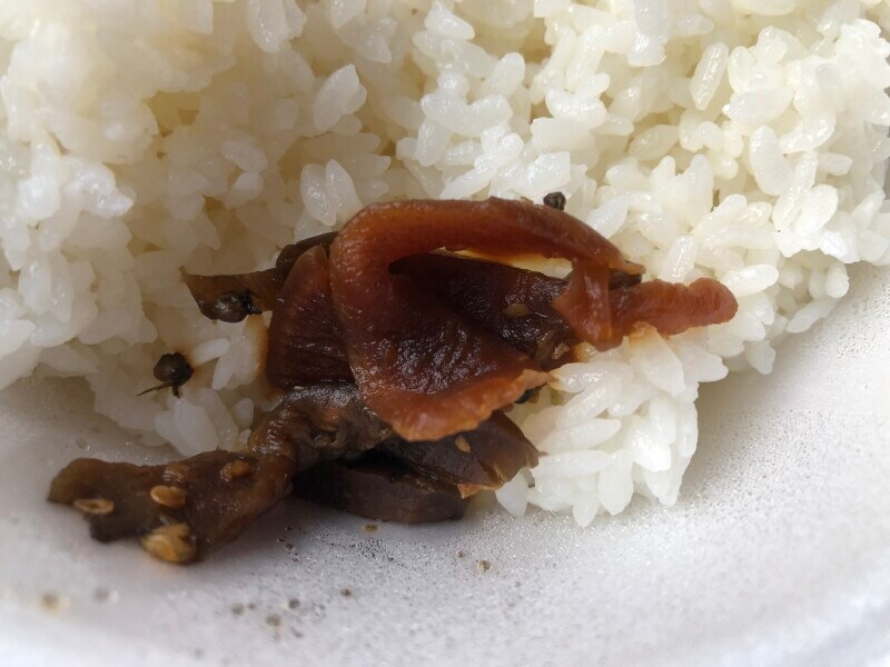 福神漬けはご飯の上に乗っている