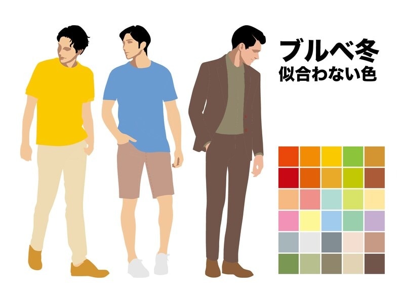 ブルベ冬（ブルーベース・ウィンター）タイプ似合わない色。左から、イエベ春の黄みの強い色、ブルベ夏のパステルカラー、イエベ秋のくすんだ色