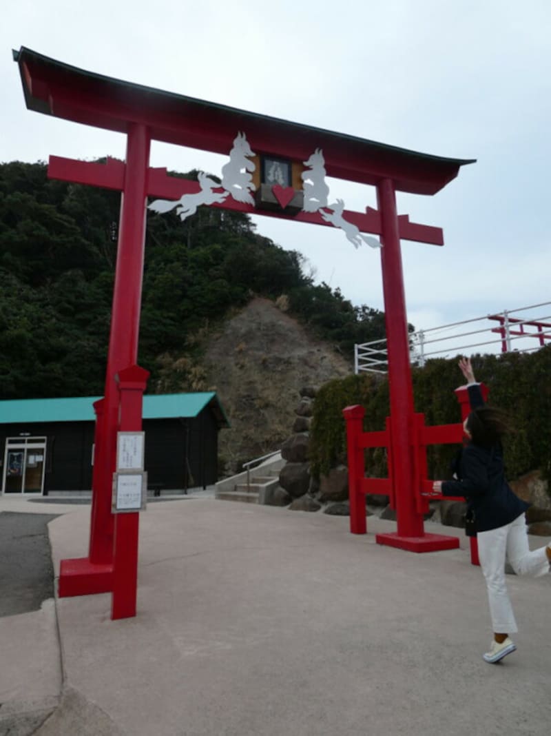 大鳥居の上にある賽銭箱めがけて、お賽銭を投げ入れます!(2022年3月撮影)