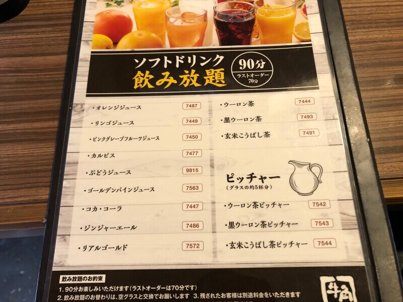 ソフトドリンクの飲み放題のメニュー