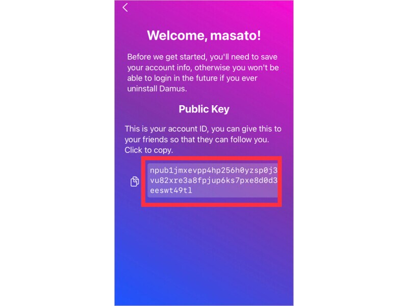 Public Key横のコピーアイコンをタップ