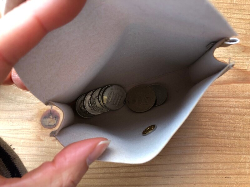 セリアの「マチ付ポーチ　スナップボタン　英字ロゴ」は口が大きく、出し入れがしやすい