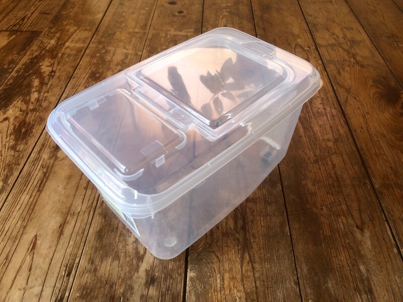 ダイソーの米びつ「米びつ兼フードストッカー5.0kg用」は半透明で中身が見える