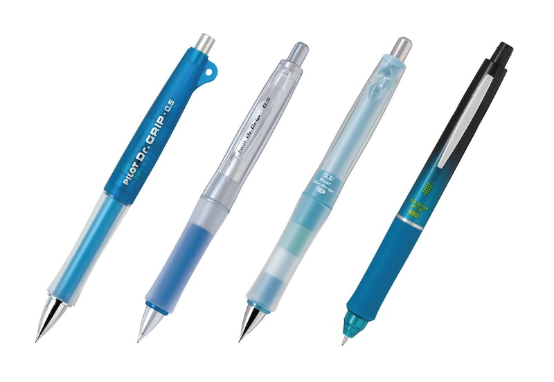 ドクターグリップ・シリーズのデザインの変遷。左から、初代、Gスペック、CLプレイボーダー、エース。