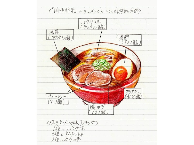 ラーメンはなぜおいしいのかを調べた「探究ノート」。そのヒミツはグルタミン酸、アミノ酸、イノシン酸など、うまみ成分のバランスにあった。