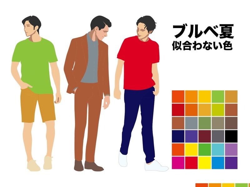 ブルベ夏(ブルーベース・サマー)タイプに似合わない色。左から、イエベ春の黄みの強い色、イエベ秋の渋くて濃い色、ブルベ冬のシャープな色