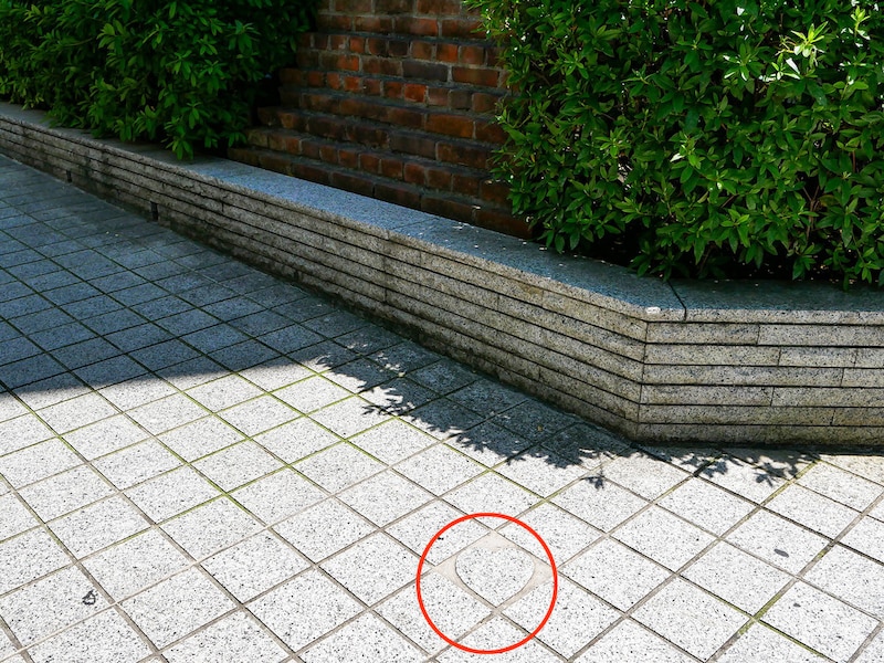 煉瓦の遺構の近くにあるハート型の敷石