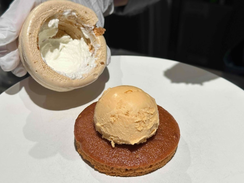 有機ココナッツシュガーのメレンゲのドームに生クリームとアイスを詰めて、ショコラのパンドジェンヌ生地にのせる。