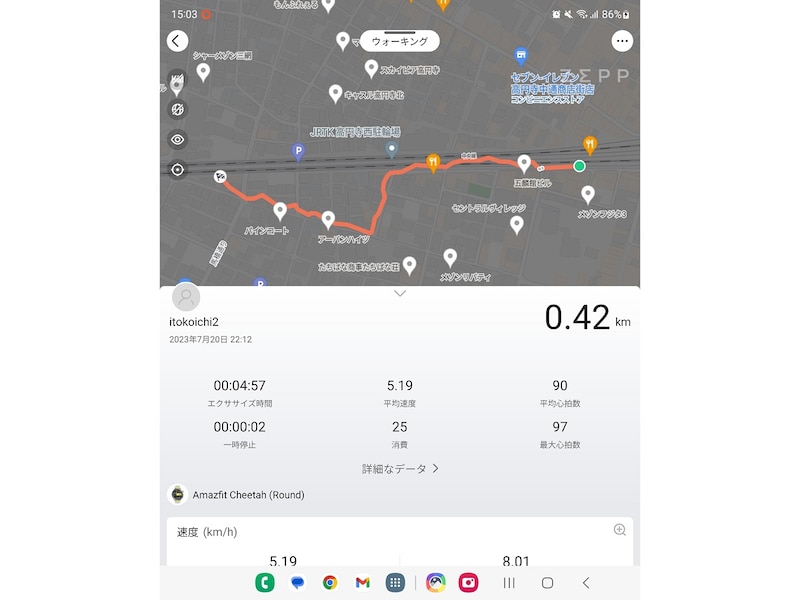 GPS取得例(スマホアプリ「Zepp」で閲覧)