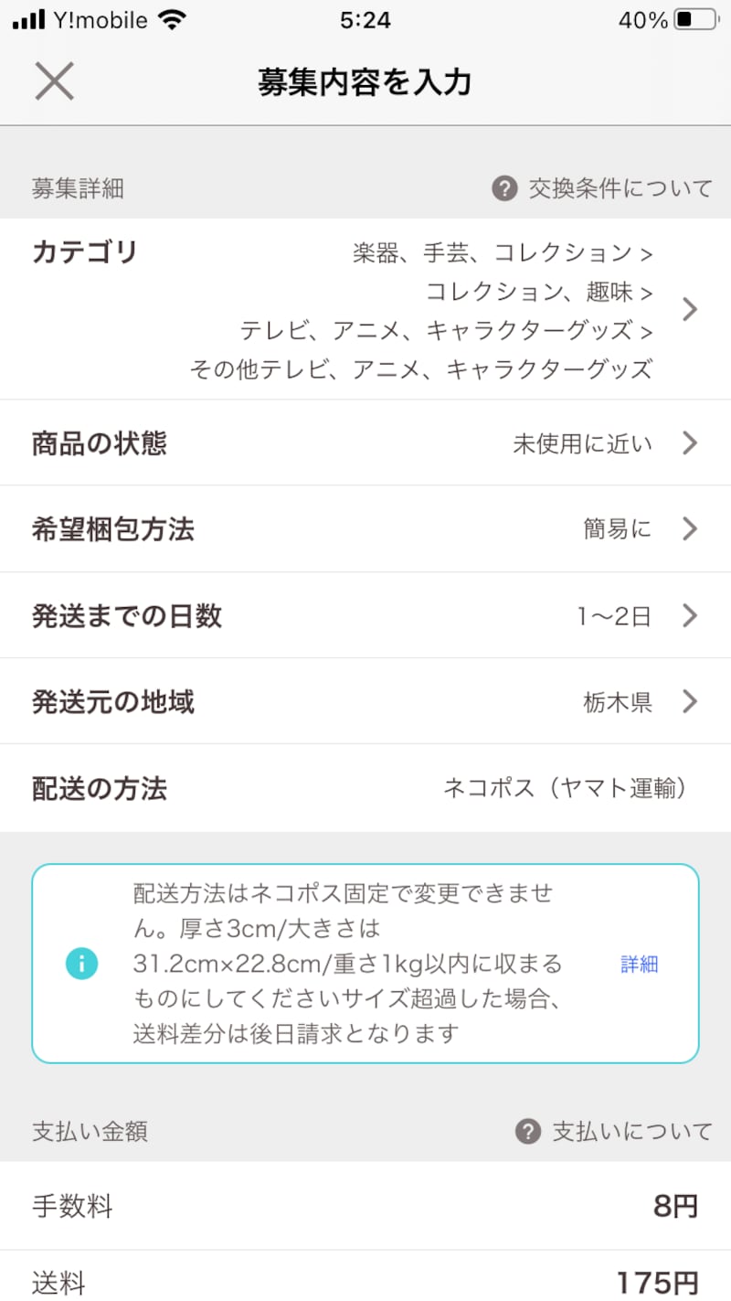 カテゴリ、商品の状態、機能梱包方法、発送までの日数、配送元の地域を選択