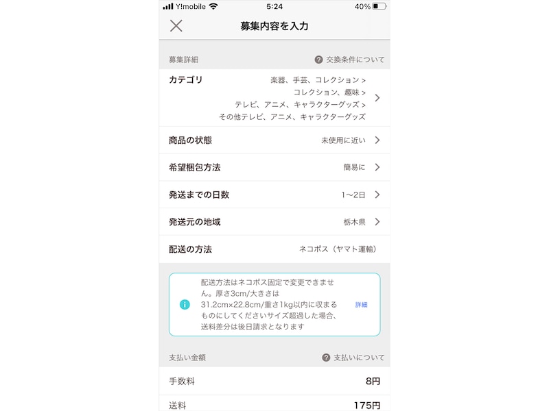 カテゴリ、商品の状態、機能梱包方法、発送までの日数、配送元の地域を選択